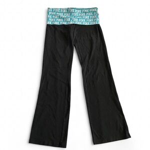 Y2K Victoria's Secret Black Flared Yoga Pants Teal Logo Waistband
